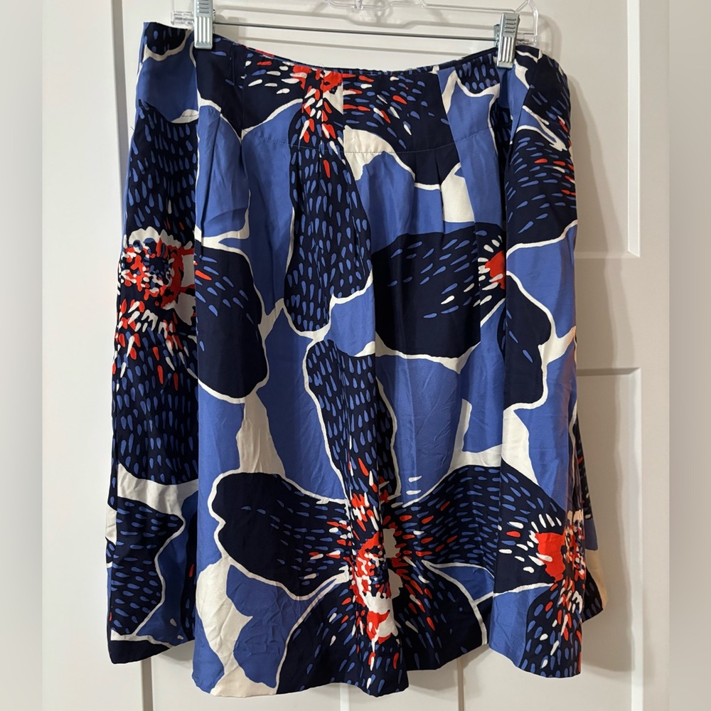 Victor Alfaro Blue Orange & White‎ Floral Print Silk A-Line Midi Skirt SZ 16